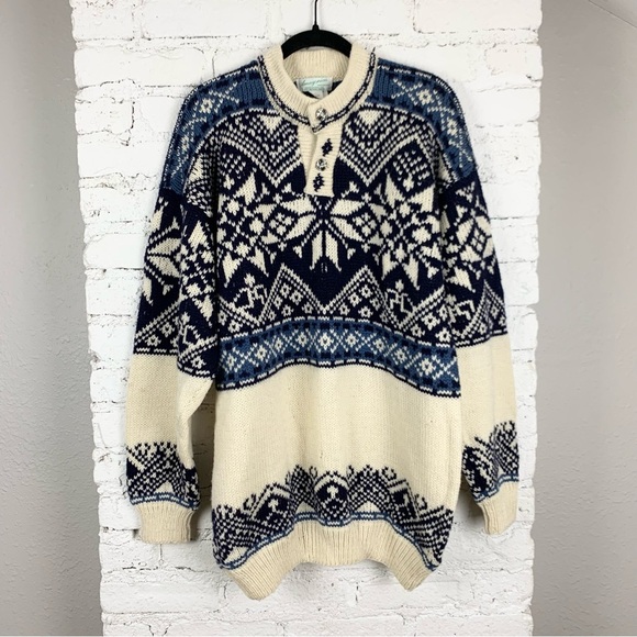 Vintage Sweaters - Amazonias Handmade Peru Sheepwool FairIsle Nordic Sweater Knit Button Pullover